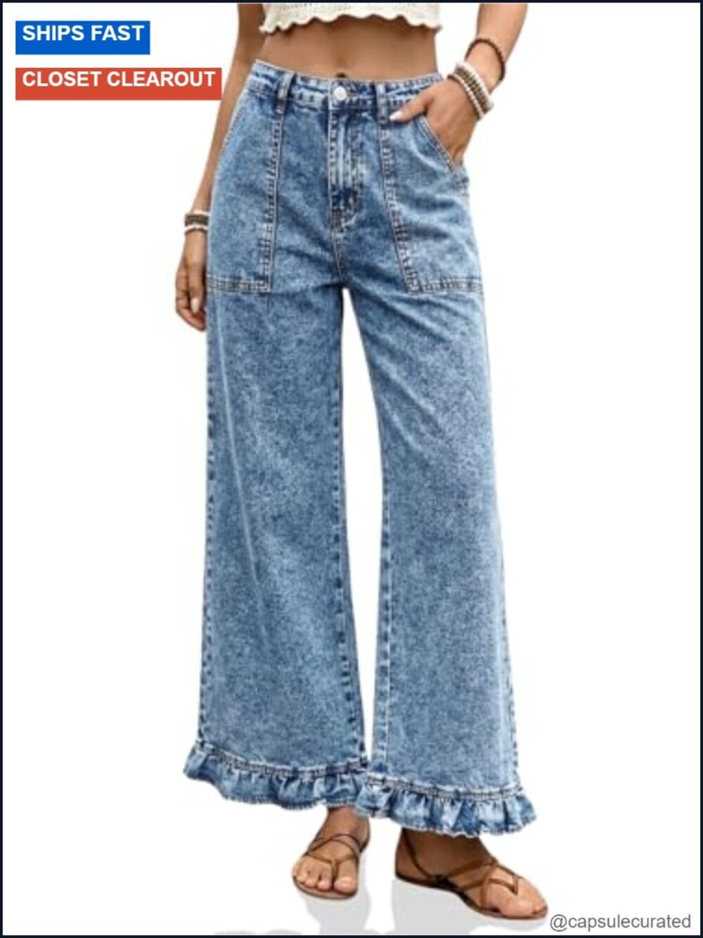 Cropped High Waisted Baggy Trendy Denim Pants with Ruffled Hem Wide Leg Stretchy
